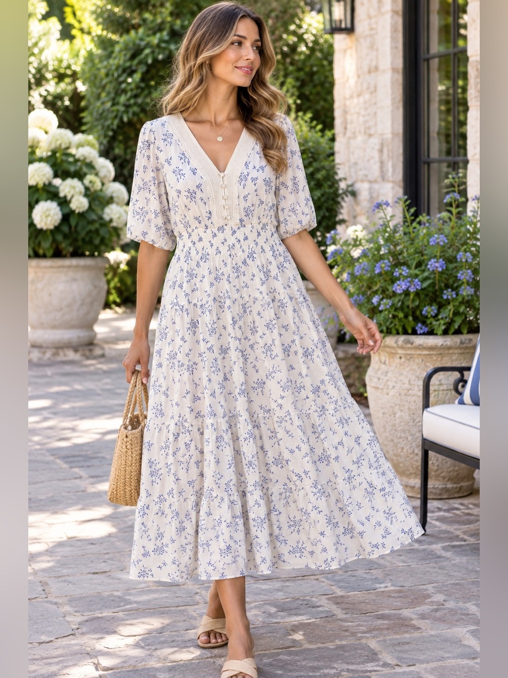J.Gee Floral Midi Dress prairie Boho Smocked Waist Tiered Cottagecore Coastal M